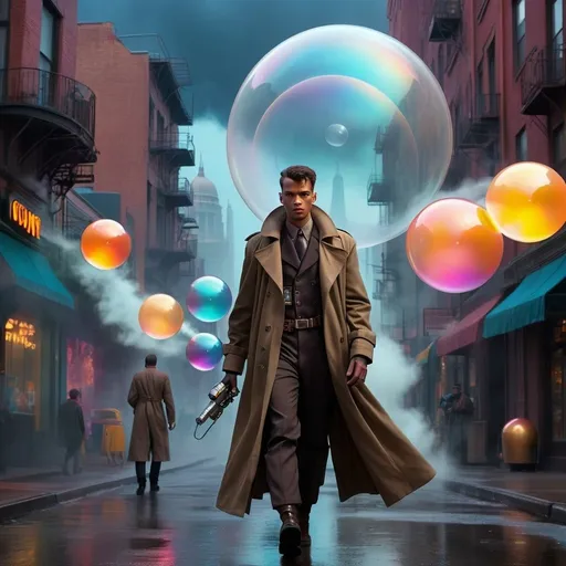 Prompt: Young man in retro sci-fi fashion walking in steamy streets, long trenchcoat, retro noir sci-fi weapon at his side, vast retro science fiction cityscape, vibrant colorful sky, spheres, domes, interconnected bubble, professional, atmospheric lighting, detailed clothing, high-tech, futuristic, noir, vibrant colors, detailed cityscape, retro, sci-fi, cool tones, atmospheric steampunk