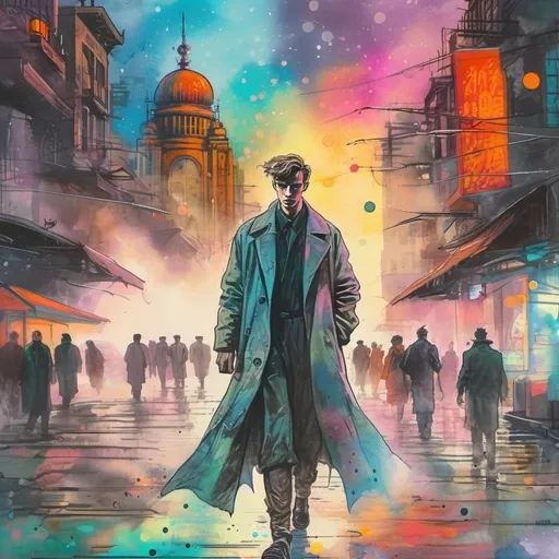 Prompt: Young man in retro sci-fi fashion walking in steamy streets, long trenchcoat, retro noir sci-fi weapon, vibrant retro science fiction cityscape in the background, colorful sky, spheres, domes, interconnected bubble, high quality, retro sci-fi, vibrant colors, atmospheric lighting