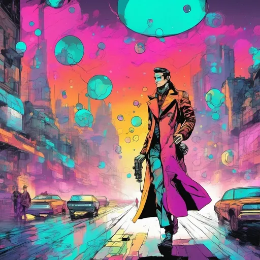 Prompt: Young man in retro sci-fi fashion walking in steamy streets, long trenchcoat, retro noir sci-fi weapon at his side, vast retro science fiction cityscape, vibrant colorful sky, spheres, domes, interconnected bubbles, professional, atmospheric lighting, detailed clothing, high-tech, futuristic, noir, vibrant colors, detailed cityscape, retro, sci-fi, cool tones, atmospheric steam, steampunk