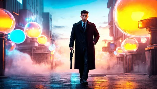 Prompt: Young man in retro sci-fi fashion walking in steamy streets, long trenchcoat, retro noir sci-fi weapon, vibrant retro science fiction cityscape in the background, colorful sky, spheres, domes, interconnected bubble, high quality, retro sci-fi, vibrant colors, atmospheric lighting