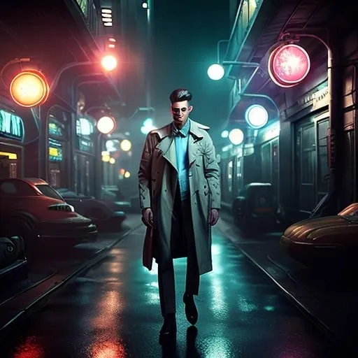 Prompt: Young man in retro sci-fi fashion walking in steamy streets, long trenchcoat, retro noir sci-fi weapon at his side, vast retro science fiction cityscape, vibrant colorful sky, spheres, domes, interconnected bubble, professional, atmospheric lighting, detailed clothing, high-tech, futuristic, noir, vibrant colors, detailed cityscape, retro, sci-fi, cool tones, atmospheric steam