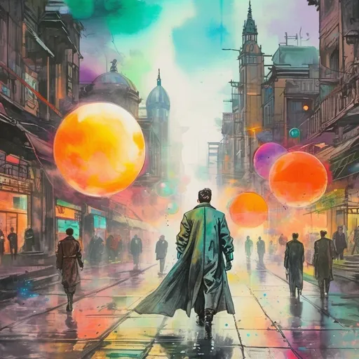 Prompt: Young man in retro sci-fi fashion walking in steamy streets, long trenchcoat, retro noir sci-fi weapon, vibrant retro science fiction cityscape in the background, colorful sky, spheres, domes, interconnected bubble, high quality, retro sci-fi, vibrant colors, atmospheric lighting