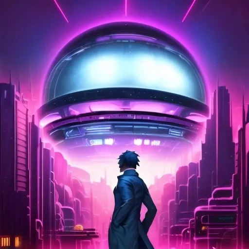 Prompt: Young man in retro sci-fi fashion walking in steamy streets, long trenchcoat, retro noir sci-fi weapon at his side, vast retro science fiction cityscape, vibrant colorful sky, spheres, domes, interconnected bubble, professional, atmospheric lighting, detailed clothing, high-tech, futuristic, noir, vibrant colors, detailed cityscape, retro, sci-fi, cool tones, atmospheric steam