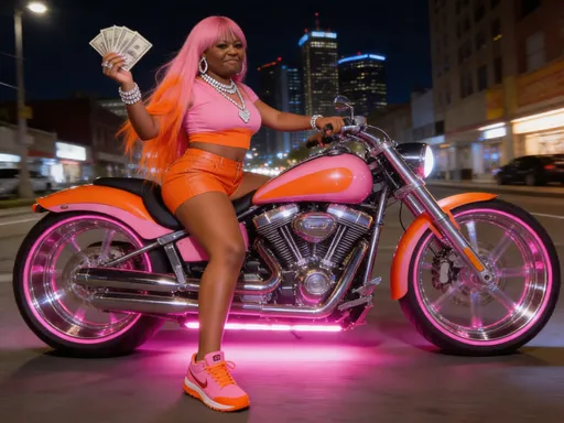 Prompt: @Mzczm45Y37vruXGSRJwqRiding on pinkish orange motorcycle, with 22 inch chrome and pink rims. Pink lights underneath. Long pink hair orange tips.short leather orange shorts. Pink half top with orange. Pink with orange gym shoes. Lots of diamond jewelry.. through the streets of Detroit at night. 3 minute Movie scene hard-core  trap rap video.  Scene switches to me Stepping off bike.  Cash  