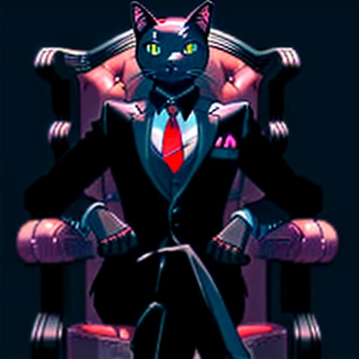 Prompt: A humanoid black cat in a grey suit with a red tie sitting down in a fancy chair