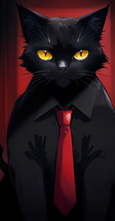 Prompt: A black cat in a black suit with a red tie.