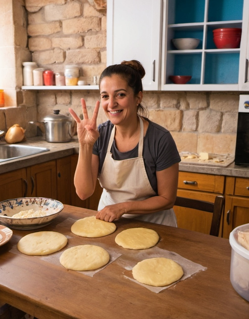 Prompt: a woman in the kitchen of a castle, she is making the "okey" sign, on the table some tequeños with cheese and the dough.