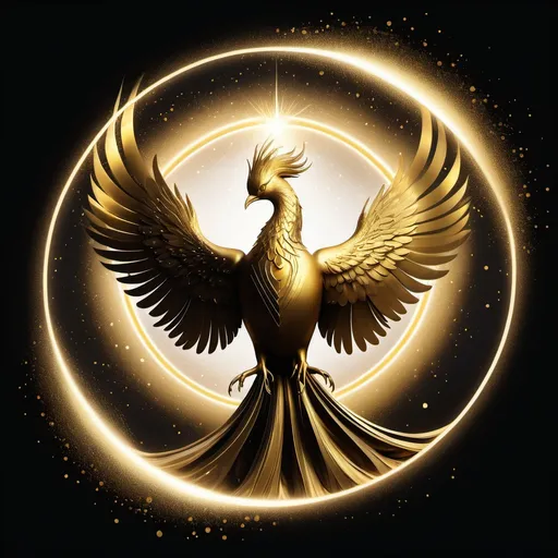 Prompt: A black background with stars in the distance . In the center a very image of a noble and majestic pure gold phoenix emerging from a mist of gold and surrounded by a thin ring of gold that looks like a aura of light surrounding it and kind of blowing away in the wind
