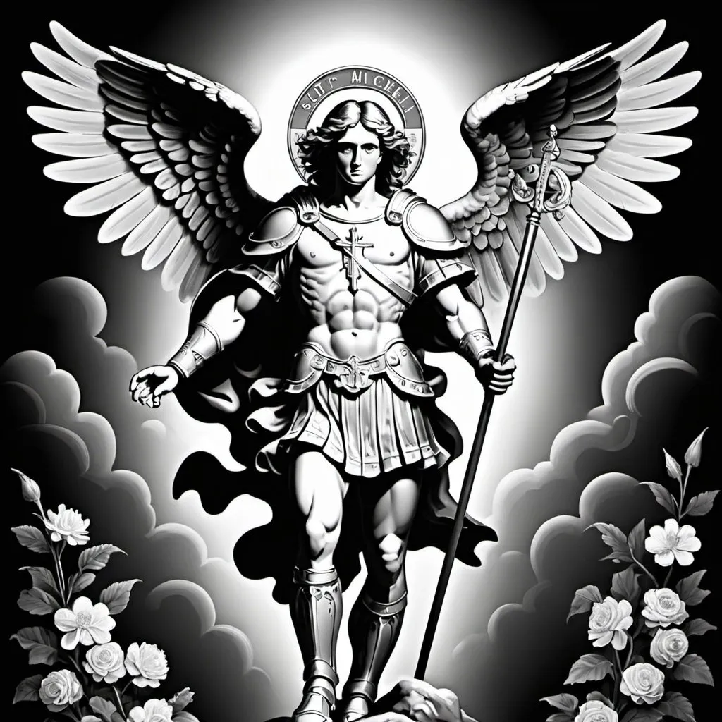 Prompt: illustration black and white st michael