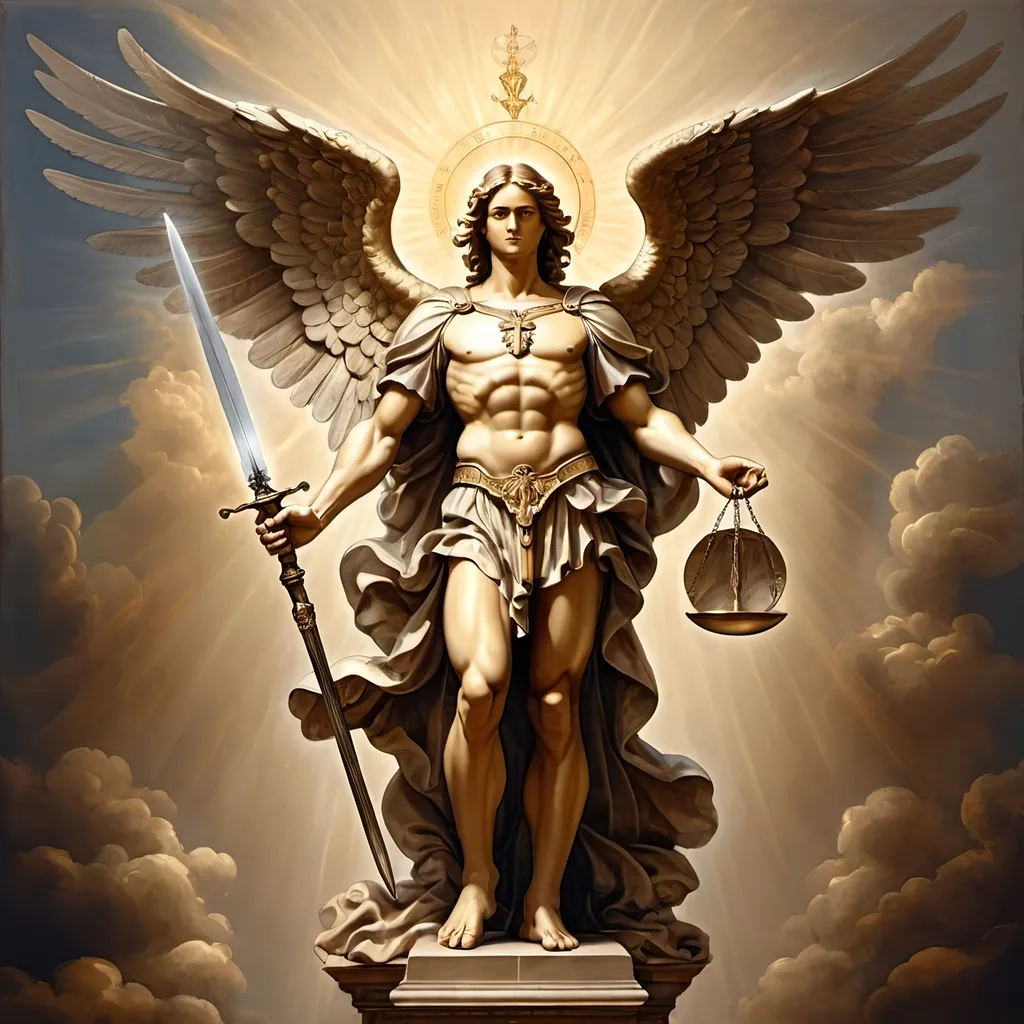 Prompt: illustration sacred painting st Michael and angel wings with aura in his head, holding a sword at left hand and a Bronzed Legal Lawyer Scales of Justice in right hand 