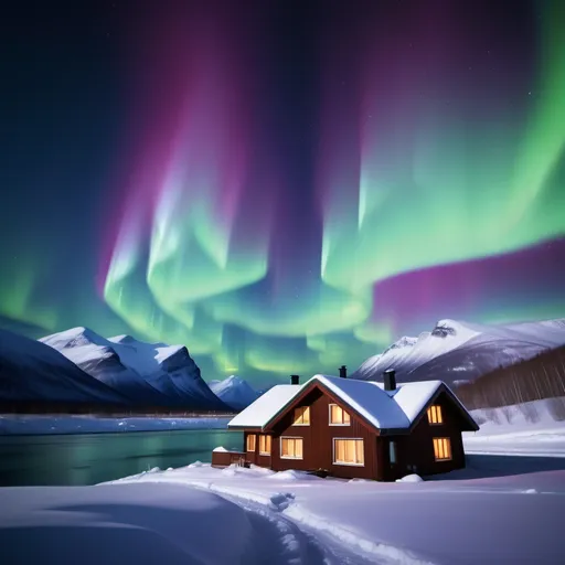 Prompt: Northern Lights: Above the house, the sky comes alive with the aurora borealis. Bands of green, violet, and blue stretch across the sky, shimmering and undulating like a celestial dance. The colors cast a soft glow on the snow and the mountain peaks, creating a magical, ethereal atmosphere. The northern lights are vibrant but have a calm, peaceful quality, adding to the serenity of the scene.