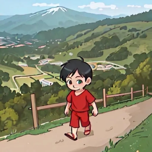 Prompt: A little boy aged 5 years, was walking on the slope of the mountain, wearing red clothes, short hair, wearing flip-flops