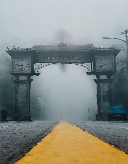 Prompt: a foggy day with a yellow line on the road and a clock tower in the background with a yellow line on the road, Ella Guru, bengal school of art, fog, a picture