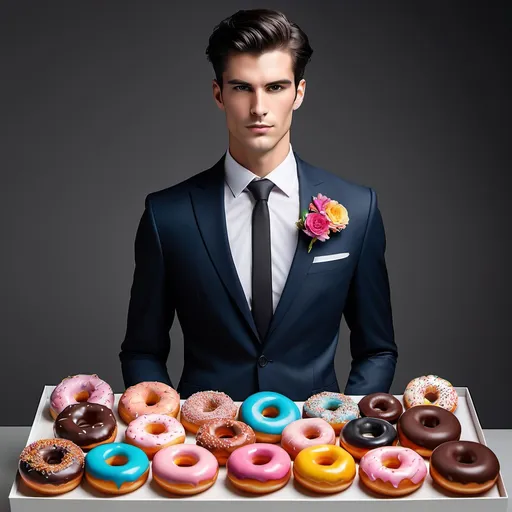 Prompt: Imagine a handsome man dressed in a sharp, tailored formal suit. His dark hair is perfectly styled, and his clean-cut look adds to his charm. The suit fits him impeccably, highlighting his tall, elegant frame. In his hands, instead of the usual bouquet of flowers, he’s holding a playful, colorful bouquet of donuts. Each donut is topped with vibrant icing, sprinkles, and fun designs, adding a touch of whimsy to his otherwise sophisticated appearance. His smile is warm and inviting, and his eyes gleam with a sense of humor, making the entire scene feel charming and unexpected, blending elegance with fun.