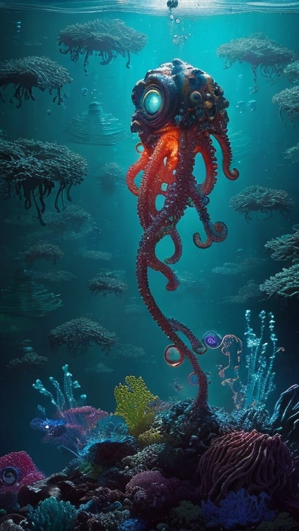 Prompt: In the heart of a vibrant underwater metropolis on an alien ocean world, a cephalopod-like extraterrestrial emerges from the city's bioluminescent kelp forests. Adorned in shimmering aquatic attire and wielding a coral staff, this aquatic alien glides gracefully through the bustling cityscape. Its eyes, glowing with a deep understanding of oceanic mysteries, observe the intricate dance of holographic marine life that populates the surrounding waters. Symbols of interstellar harmony float alongside them, forming intricate patterns in the liquid atmosphere. This composition tells the tale of an extraterrestrial custodian, a guardian of the alien aquatic realm, embodying the unity between cosmic intelligence and the mesmerizing depths of intergalactic oceans.