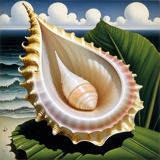 Prompt: Kay Nielsen, Basil Gogos, Alberto Savinio, James Gurney, Surrealism, ((best quality)), ((masterpiece)), (detailed), A photo showcasing a nearly transparent Ocean conch shell with striking golden strips, perched delicately on a glossy banana leaf. The almost clear conch shell allows a view of its internal perl, offering a mesmerizing perspective. banana leaf glistens with fresh morning dew, pretty oil painting in the style of Leonor Fini