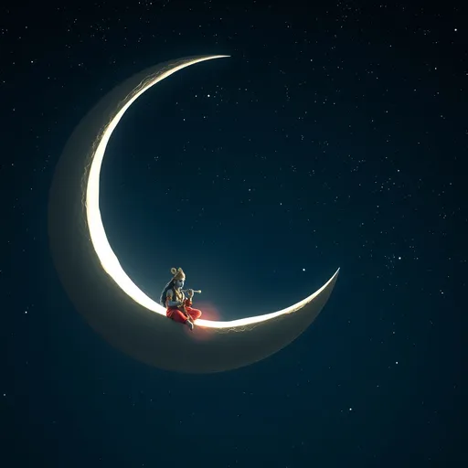 Prompt: Generate an image depicting a crescent moon, while its bright center symbolizes the resilient spirit within her. Nestled within the moon's curve is a miniature screen, Lord Krishna sitting on edge of moon and playing flute and winding rivers, representing the one she carries within her. The moon is suspended against a backdrop of a starry night sky,