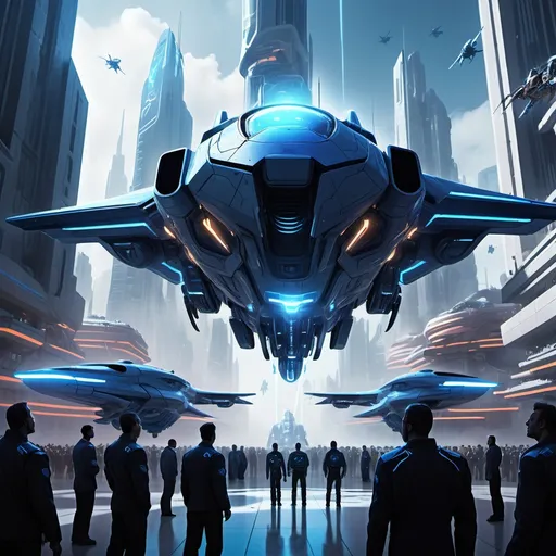 Prompt: A futuristic cybernetic city square with a hovering high-tech combat aircraft in the center, surrounded by robotic guards and curious onlookers. The aircraft has glowing blue energy lines and mysterious Cybertronian text on its surface. A tall, imposing commander stands below, looking up at the aircraft. The scene is tense and filled with anticipation.
