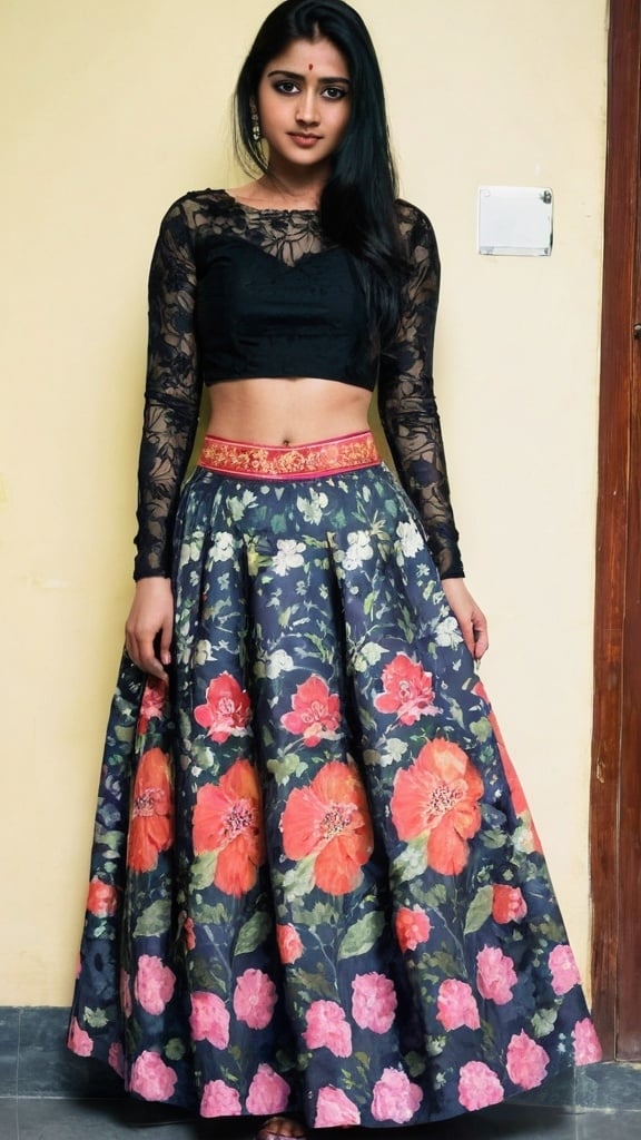 Prompt: Women. solo, looking at viewer, skirt, black hair, long sleeves, standing, full body, flower, midriff, crop top, floral print, plant, long skirt, indian_bride