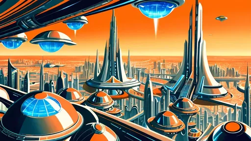 Prompt: A Retro-futuristic scene. Orange as the dominant color of the image,  depicting a futuristic scene filled with various architectural marvels, such as futuristic glass domed cities filled with twisted skyscrapers that rise against a vibrant sky, soft-chrome sci-fi flying vehicles over sky. The glass domes shine with radiance as they cover the utopian cityscapes completely in their own ecosystem. In the foreground, Wisps of colorful waves sweep across the composition.