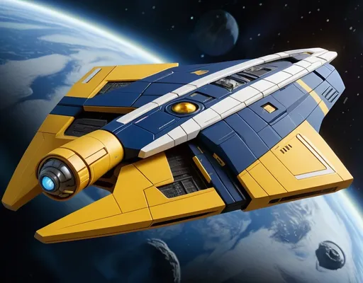 Prompt: A Star Trek featuring a long, rugged, and modular design, showcasing a bulky and angular frame. The Star Trek is adorned in a (energetic:0.4), (geometric:1.17), (navy1.2), (blue:1.1), (yellow:1). with striking white stripes. It hovers in a vast backdrop of a deep space asteroid field, illuminated by distant aurora.