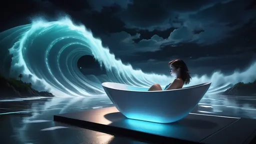 Prompt: (girl LayDown in a bathtub), (futuristic) technology, (cloudy sky), advanced displays and controls, (soft glow of digital lights),, giant rogue tidal wave at night