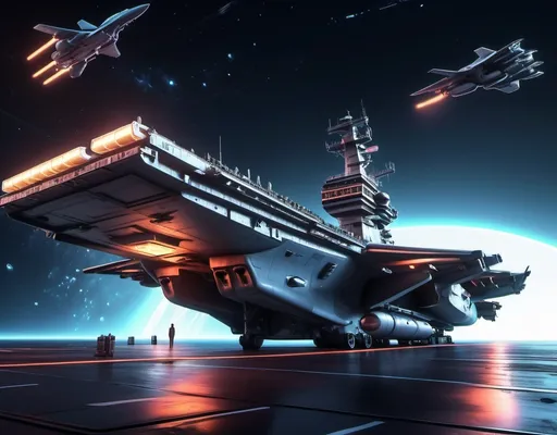 Prompt: (space art),(low angle view:1.2), in space, A massive aircraft carrier with multiple turrets and streamlined design, small fighter jets, stars, Cyberpunk, Dreamy Glow, Luminous neon lamp, (Global illumination, ray-tracing, HDR, unreal render,reasonable design, high detailed, masterpiece, best quality, UHD, Cinematic Lighting),