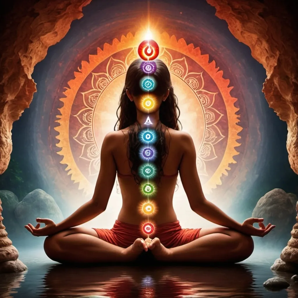 Prompt: The chakras should be aligned vertically, starting from the root chakra at the base and ending with the  chakra at the top of the human head. Add elements that suggest clarity and understanding, such as light bulbs, clear paths. The air is filled with a mystical elements, and the Hindi text "ॐ" form Glimmering Grottoes around them, emphasizing the spiritual journey beyond mere learning.