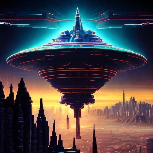 Prompt: circuit spaceship at dawn, ancient architecture in the shape of a New York, a massive, intricate and detailed circuit resembling a cryptic geometric pattern, illuminated by a pulsating, multicolored light that shifts in rhythm. Movie poster, cinematic, hd, ultra-realism, digital artwork, illustrative, painterly, matte painting, rule of thirds, masterpiece, award winning art, trending on art-station