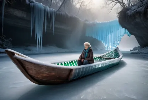 Prompt: Stunning visual photo of an older worrier woman, a Unconventional boat made of empty Plastic bottles that rest on the Frozen water like the keel of a boat. A Frozen lake next to a Frozen waterfall in the jungle, fog, volumetric lighting | centered | visual key | intricate | very detailed| stunning beauty | precise linear | vibrant | integral kinematics Griffiths Meat | Conrad Roset, dappled sunlight