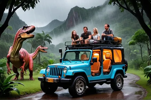 Prompt: All Tourist with their own Jeep, ready for a relaxing and enjoyable road trip. They are all smiling and happy, with picnics and pets in tow. In Jurassic Park, it's a rainy late evening. You're inside a tour electric Jeep, near the dinosaur enclosure. Through the window, you can see the dinosaur enclosure. The wind makes the branches sway, and combined with the sound of rain, it creates a spooky atmosphere. These elements combine to create a vivid experience, just like a scene from the movie.