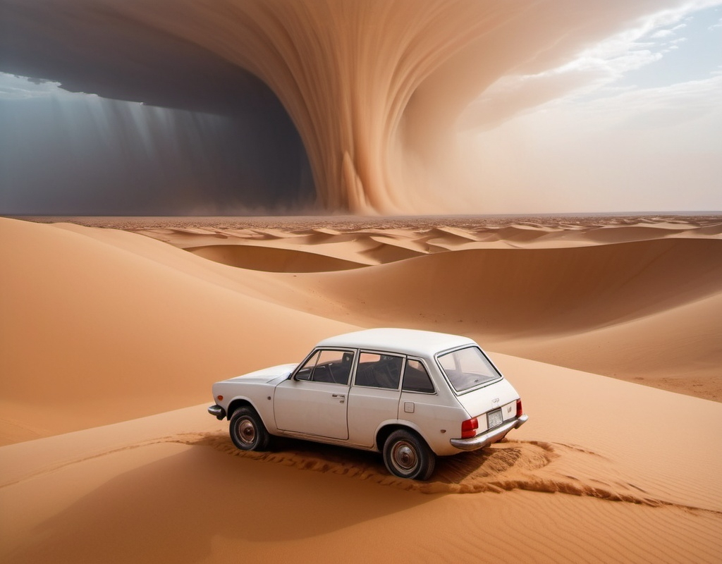 Prompt: A surreal image of a small car with white and red details, floating on a vast and calm desert. The car contains two people, one sitting at the staring wheel and the other at the back, both appearing relaxed. The most striking feature is the desert, which abruptly ends in a sand storm-like drop, as if the desert has a sharp edge that descends into an infinite abyss below. The sand storm flows vertically down the edge, creating a strong contrast between the serene desert surface and the sense of an endless fall. The horizon is clear with no visible land or other elements, enhancing the sense of isolation and the surreal, dreamlike quality of the scene.