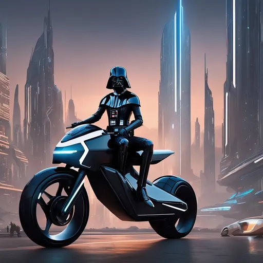 Prompt: Transport the viewer to a futuristic cityscape where advanced technology integrates with futuristic bike designs. A star war character (darth wader) rinding on bike, Envision sleek and innovative bikes, holographic displays, and high-tech transportation against the backdrop of a stunning futuristic city.