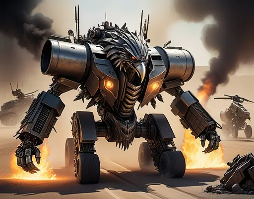 Prompt: A fire with smoke came out from gigantic gun barrel, mounted on the back, gigantic Mad Max style monster eagle, a Transformer in Cyborg improvised weapon crafted from scrap materials with full set of the mechanic battle armored guns and modernized equipment's with accessories, and even sparks appeared. soldiers around running towards the center, 