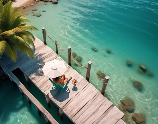 Prompt: drone view of Summer Pier: Female sitting in chair and Relaxing mode (near crystal clear water at beach) holding wine glass, surrounded by (lush peoples) in the distance, vibrant shades of turquoise and deep greens, tropical paradise ambiance, sunlight glimmering on water, soft gentle waves caressing the surface, serene and peaceful atmosphere, ultra-detailed (high quality), tranquil escape