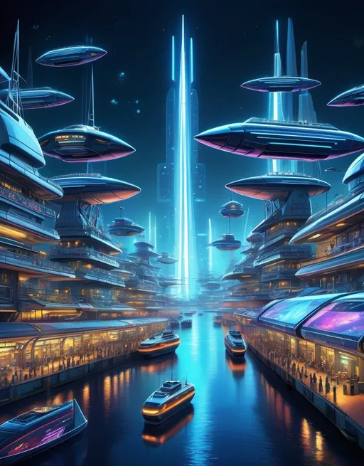 Prompt: futuristic Harbor Holograms, (striking blue tones), magical cairns with sleek designs, Futuristic Container warship, shaped like a spaceship, sailing above revolt seas, neon lights illuminating ships parked at dock, Container ships soaring through the water, sleek monorails connected between buildings, dynamic atmosphere filled with innovation, (ultra-detailed), captivating night scene under a starlit sky, harmonious blend of technology and environment, vibrant urban energy, (Cosmo) quality image.