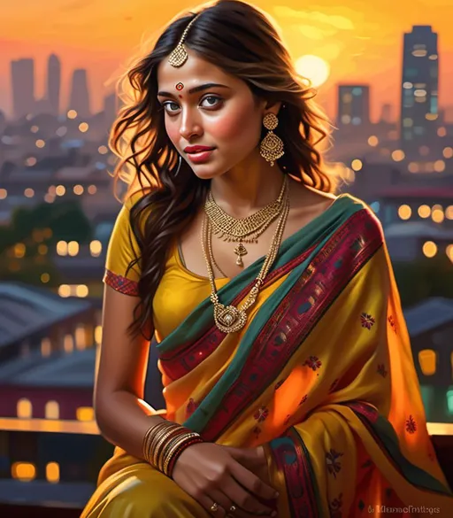Prompt: <mymodel>beautiful Indian Young women, traditional south Indian attire, show intrinsic detailing, photo realistic face, beautiful nose, beautifully depth eyes, heart shaped lips, embodied by translucent, neon yellow liquid gallium, Mumbai skyline in the background, evening light casting gentle shadows, saree adorned with intricate patterns, gold jewelry sparkling, sunset hues reflected on glass buildings, digital painting, ultra-realistic, captivating contrast, octane rendering.