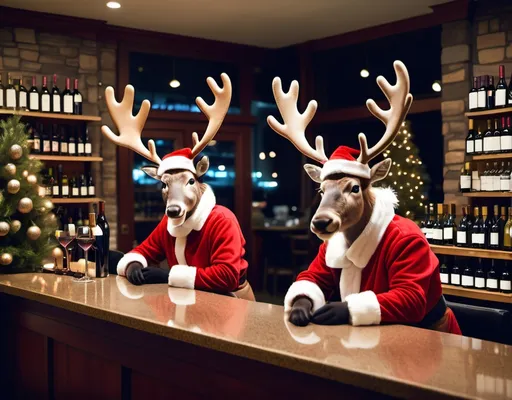 Prompt: Two Reindeer wearing Santa hats serving behind the counter of a wine bar at Christmas night