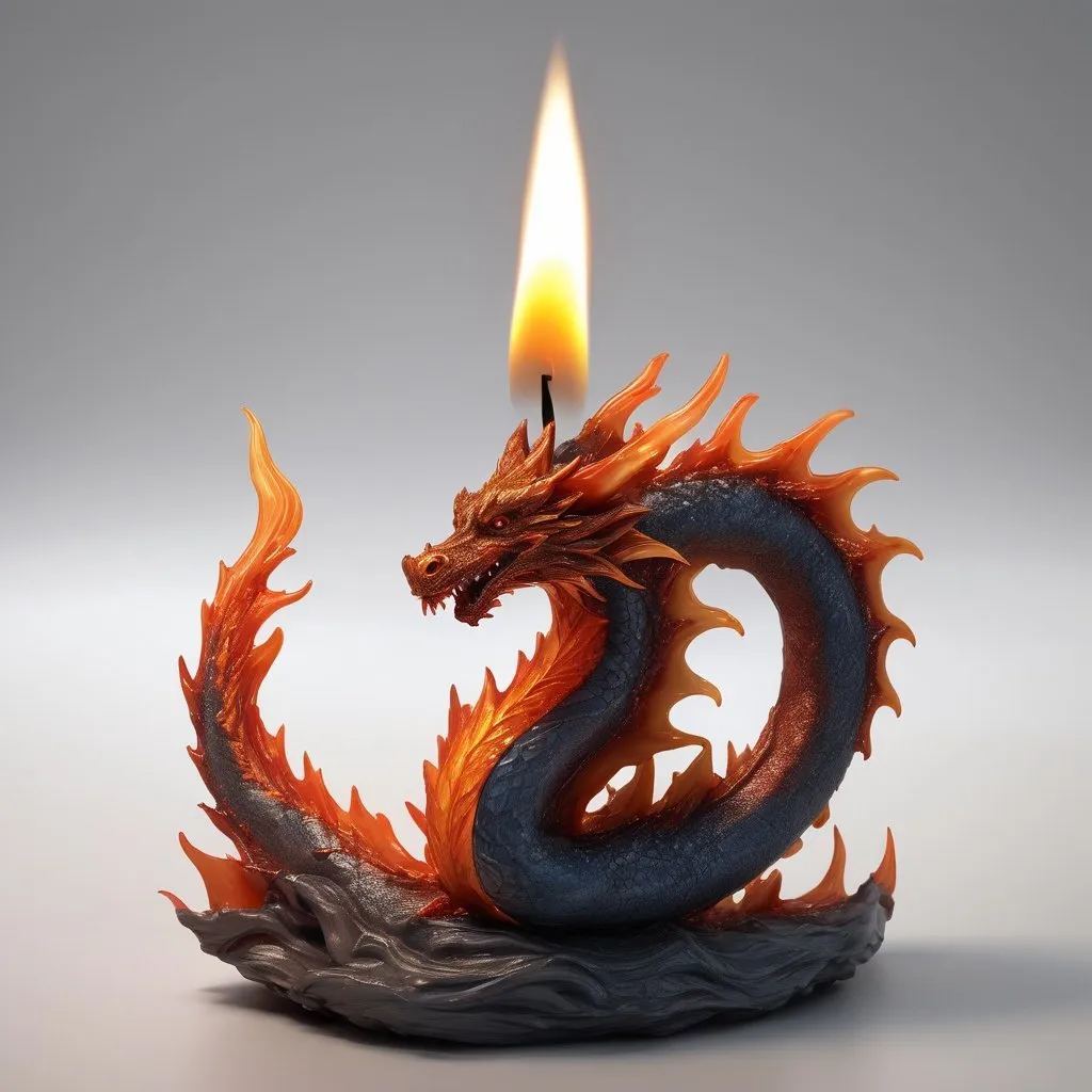 Prompt: hyper-realistic image featuring a single candle wick with a flame above it, meticulously shaped to resemble a thick flamed Chariness dragon. The flame should emerge seamlessly from the wick, transitioning into the form of the thick flamed chainess dragon with a natural flow. Focus on the flame's realistic qualities, such as the subtle gradations of color from the base to the tip, the delicate flickering edges, and the dynamic movement.