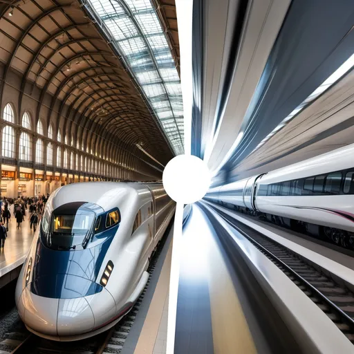 Prompt: Split image of a massive Clock, left half is A high speed bullet train and the right half is steam train, more detail XL