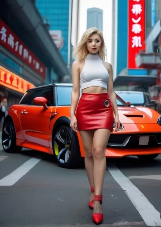 Prompt: A Californian woman, 30 years old, blond hair, standing next to a vibrant red luxury futuristic fverrari red car. wearing a futuristic, orange leather mini-skirt, a red emblem on her left ankle. The backdrop is a buoyant urban setting with neon signs, hebrew characters, various vehicles, and a dense crowd. cyberpunk city with the skyscraper of Shanghai with a mix of traditional and futuristic elements --ar 9:16 --s 750 --c 10 --v 6.0