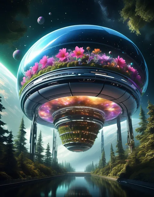 Prompt: A colossal vessel hurtles through the fabric of reality, its luminous hull shimmering in the swirling light of the wormhole. A breathtaking view of a futuristic space colony, designed as a massive spacecraft carrier structure floating in the cosmos. The interior of the cylinder reveals a Blooming Bio-mes planned forest-city with bio-luminescent flowers of different colors blooming areas, shimmering lakes and waterfall and agricultural zones