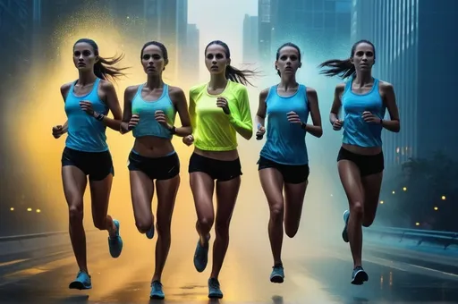 Prompt: Photo-realistic Surreal glowing magical, Shadowy woman's group of Athletic Runners on a race rack, Smoky foggy light yellow and blue, rainy drops, cosmic, iridescent, bio-luminescent glow, sparkles, city skyscrapers background, gesture driven, ghosting effect, airbrush art