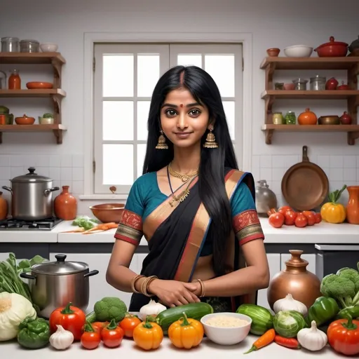 Prompt: A Indian women standing next in kitchen, surrounded by vegetables and cooking ingredients. She has black long hair with bangs and is wearing her traditional Saree. The background of the scene includes various Kitchen accessories such as cooking elements and cook motifs. In the style of Pixar with a cartoon style and 3D rendering, white background