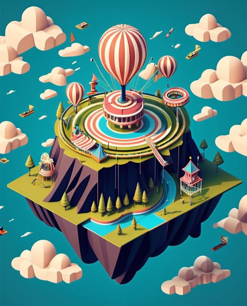 Prompt: A swirling geometric Floating island in the sky with a isometric amusement park, bold lines, optical illusion