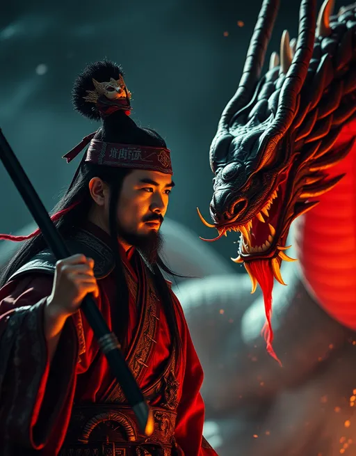 Prompt: Scene from an Chinese fantasy movie, Chinese hero, Chinese demon, Chinese dragon, Hasselblad X2D 100C with polarizing filter, low exposure, high contrast, ISO 125, with a 50mm prime lens. Hasselblad X2D 100C, low exposure, high contrast, ISO 125, with 80mm prime lens.