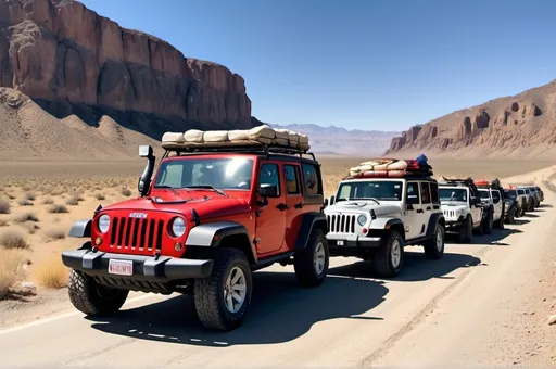 Prompt: All Tourist with their own Jeep, ready for a relaxing and enjoyable road trip. They are all smiling and happy, with picnics and pets in tow. A straight and narrow highway runs through a barren and rocky desert, with the blazing sun beating down mercilessly. A fleet of powerful and rugged off-road Jeep wrangler Rubicon are lined up running the roadside,