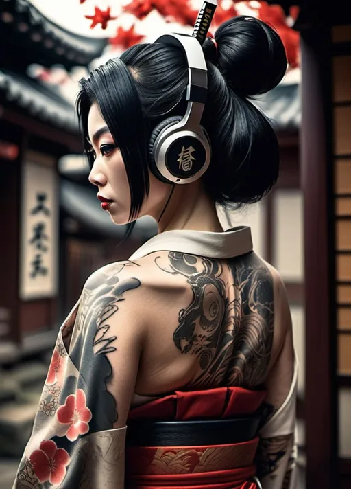 Prompt: In 2024, Tattooed geisha assassin attire while integrating contemporary features, with headphones and holding a Katana, The image is taken from a slightly angled rear perspective, showcasing a harmonious blend of eras.