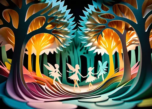 Prompt: Abstract Sophism, paper-cut, colorful, nature, Nordic, hyper realistic, 3d, breaking up into puzzle pieces, (dancing fairies), (whimsical atmosphere), magical glimmers, soft glowing lights, (enchanted forest),