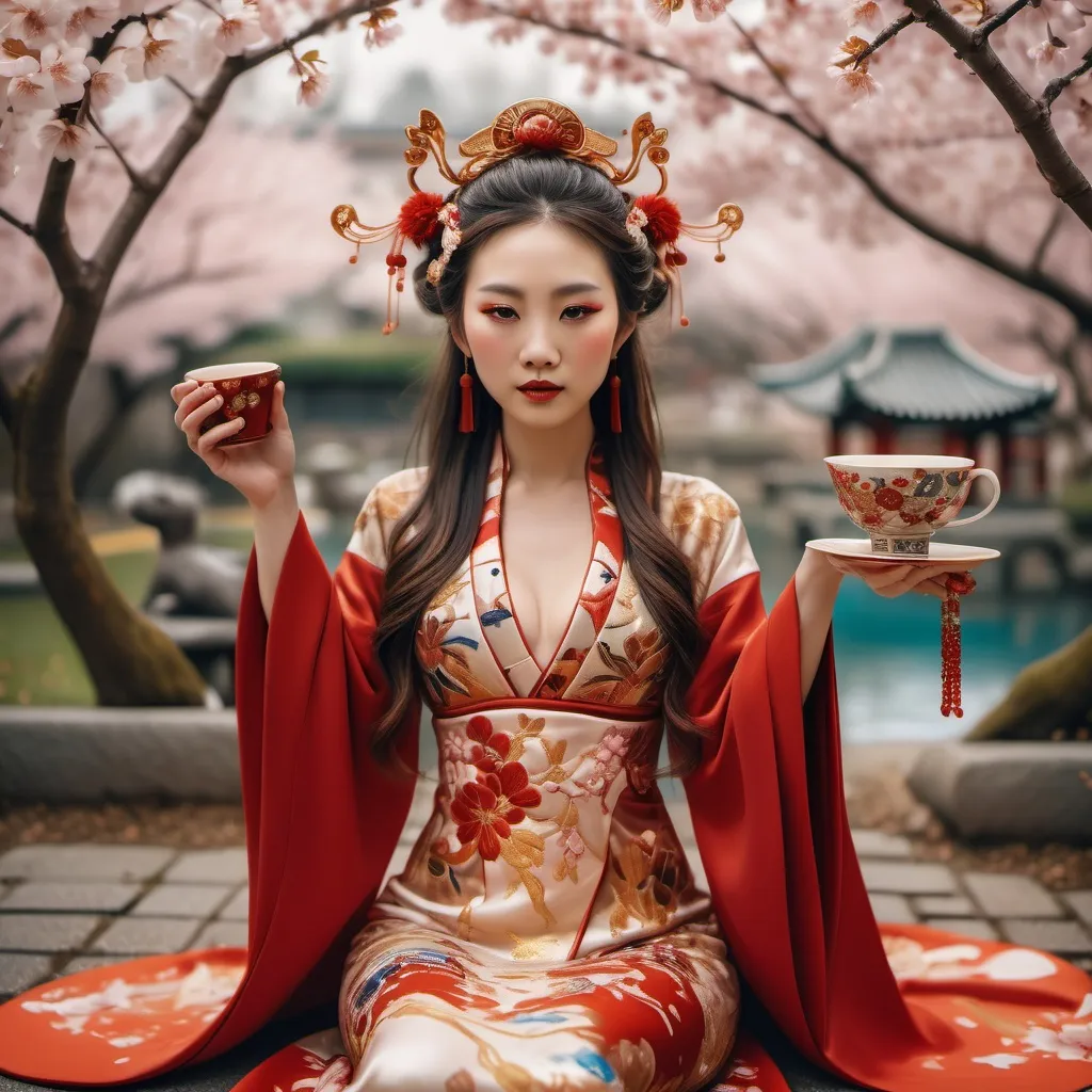 Prompt: Traditional Chinese image with Klimt style elements. Medium shot. Beautiful woman in red gold phoenix embroidered wedding dress, holding cup of tea, sitting with legs stretched out, where confetti of Cherry blossoms petals raining down. Detailed, intricate, and fantastical with complementary colors. Tang Dynasty-style headdress and jewelry adorn her. Cherry blossom Garden in the background with lively atmosphere.